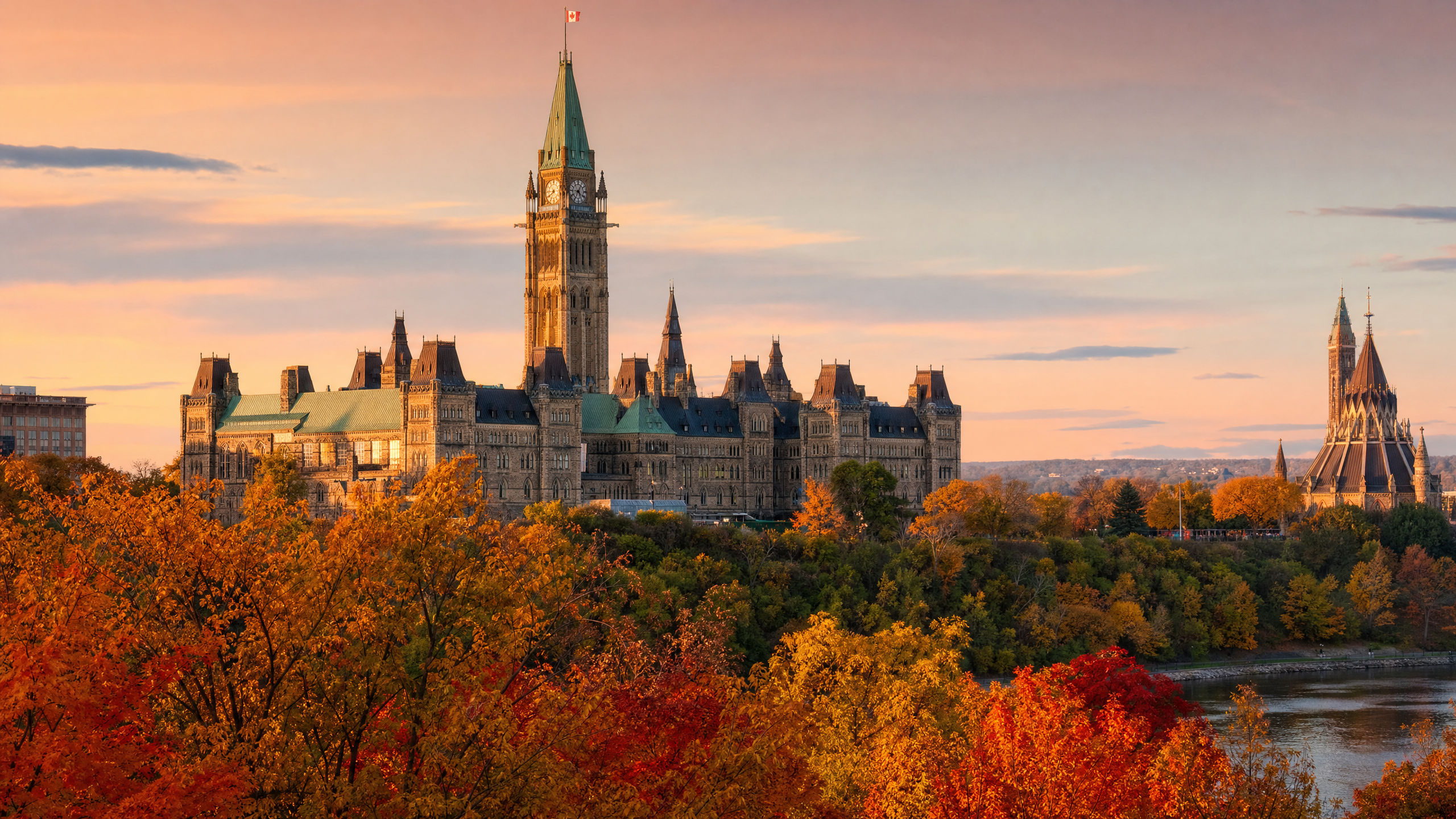 Parliament Hill in Ottawa at autumn golden hour